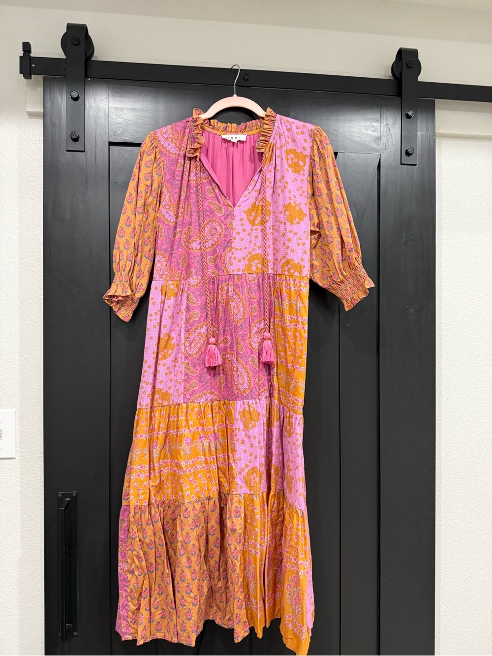 THML Pink & Orange Patchwork Paisley Tiered Midi Dress